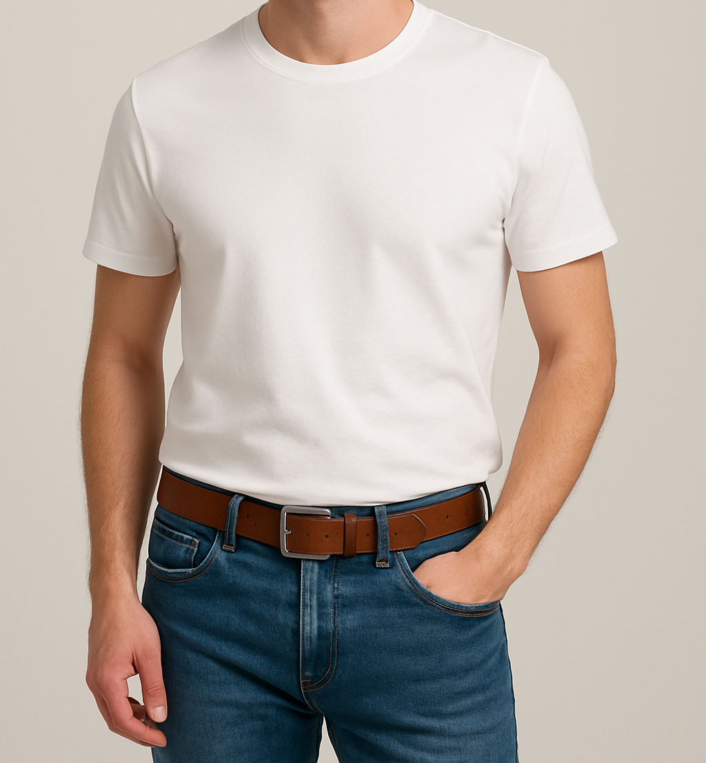 A red wine color crazy horse leather belt with a brushed metal buckle.