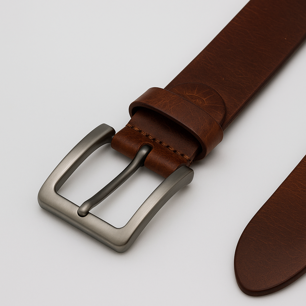 A red wine color crazy horse leather belt with a brushed metal buckle.