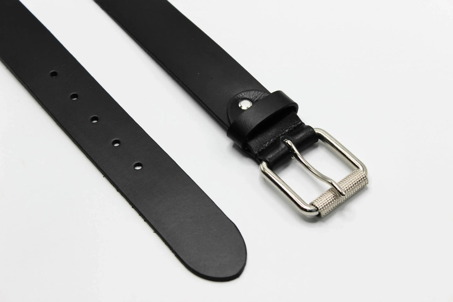 Black Leather Belt with Silver Roller Buckle