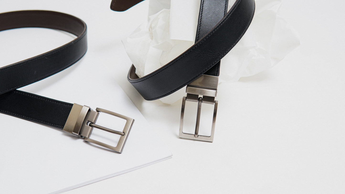 Formal Black/Brown Leather Belt-Classic Slim Reversible Buckle