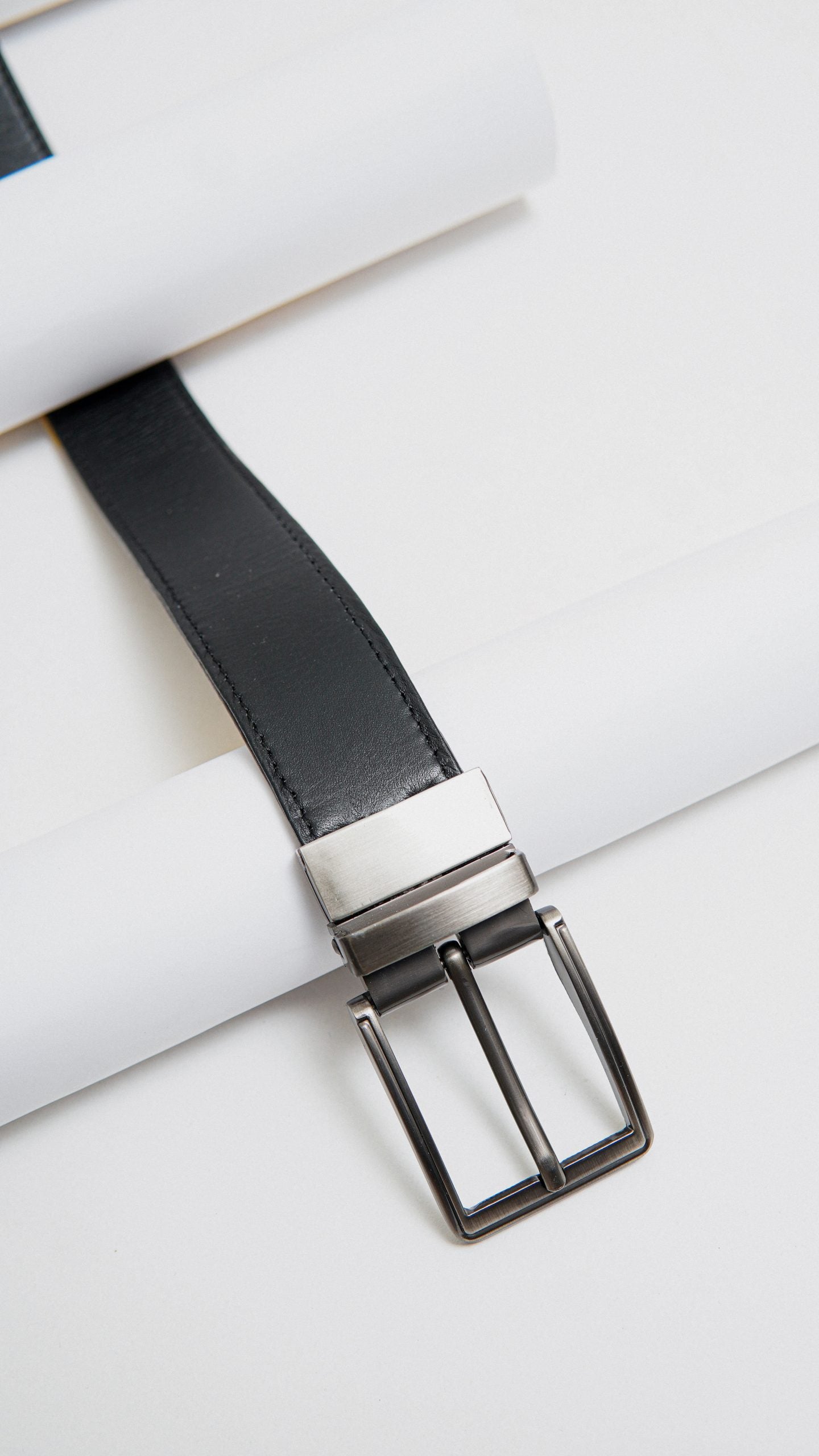 Formal Black/Brown Leather Belt-Gunmetal Reversible Buckle