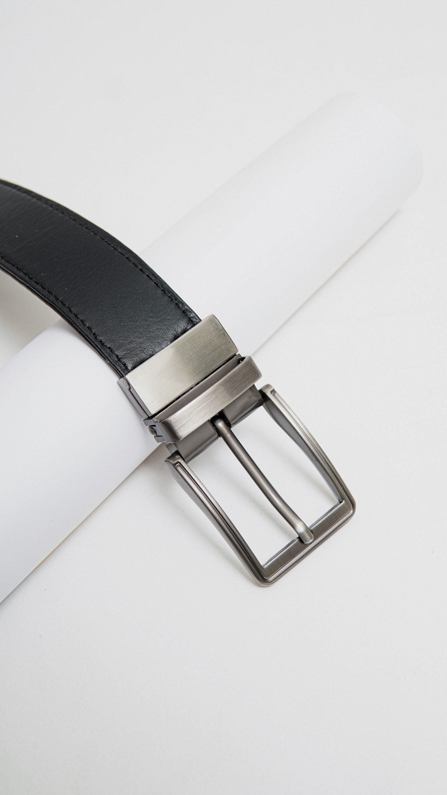 Formal Black/Brown Leather Belt-Gunmetal Reversible Buckle