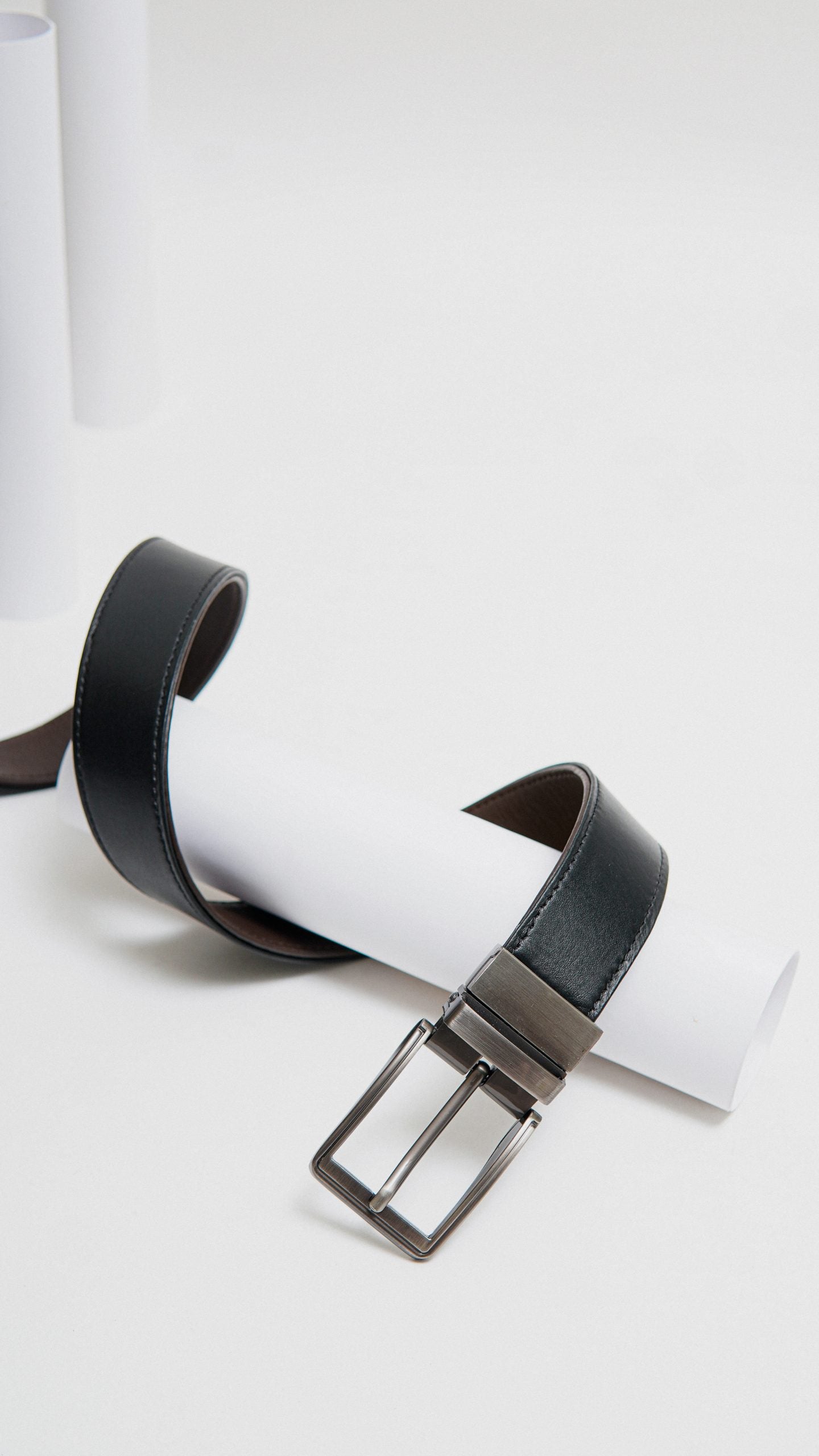 Formal Black/Brown Leather Belt-Gunmetal Reversible Buckle