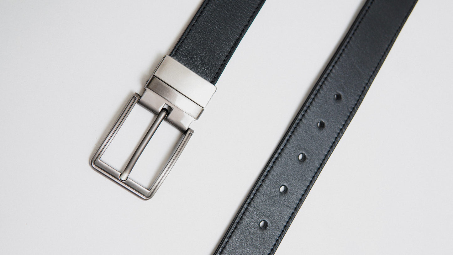 Formal Black/Brown Leather Belt-Gunmetal Reversible Buckle