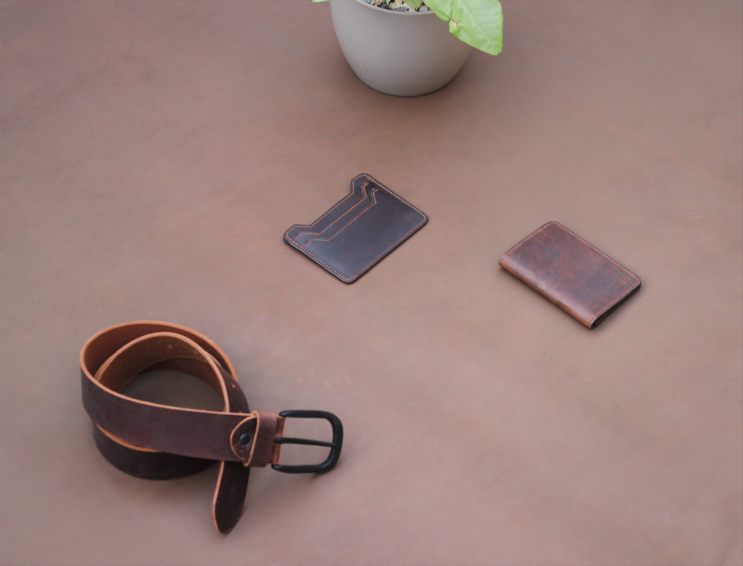 Belt, Bifold Wallet and Card Holder - Brown