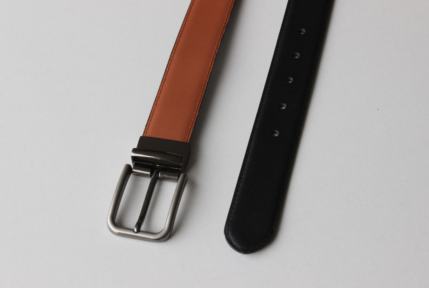 Formal Black/Tan Leather Belt-Premium Silver Reversible Buckle