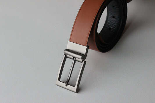 Formal Black/Tan Leather Belt-Classic Slim Reversible Buckle
