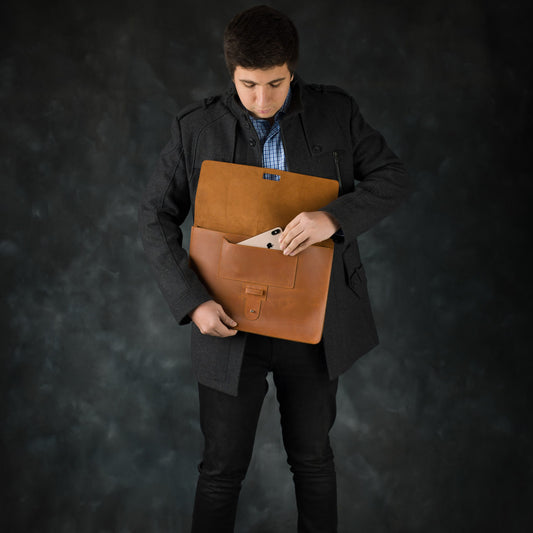 Leather Laptop Sleeve with Pin Closure-Tan-15 inches