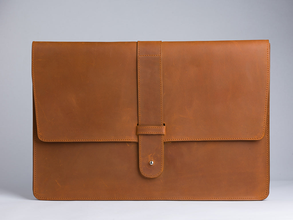 Leather Laptop Sleeve with Pin Closure-Tan-13 Inches