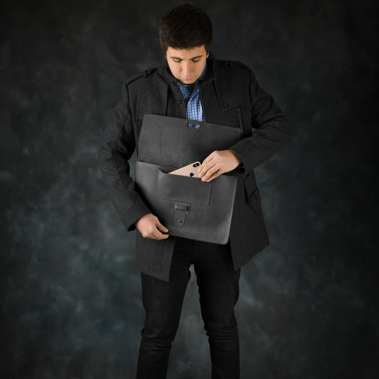 Leather Laptop Sleeve with Pin Closure-Black-15 inches