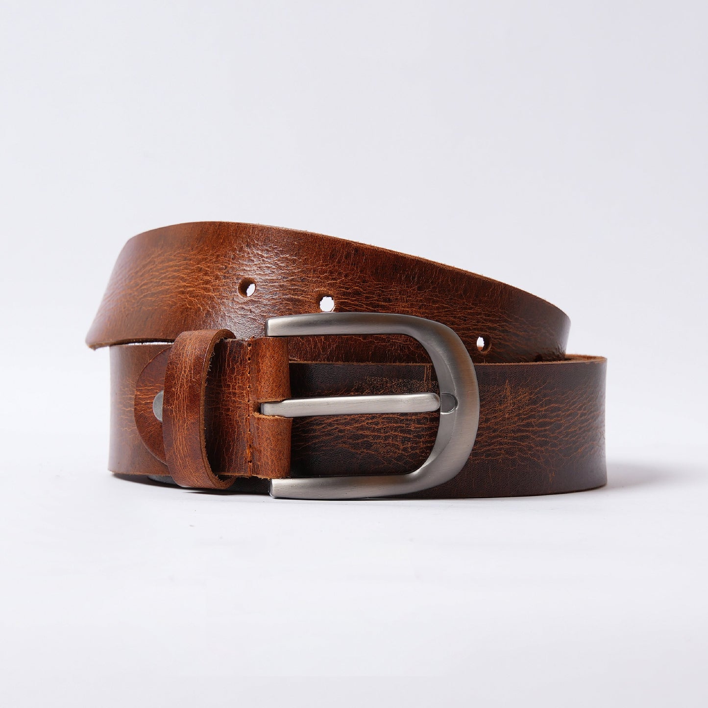 Handmade Rugged Brown Leather Belt with Silver Buckle