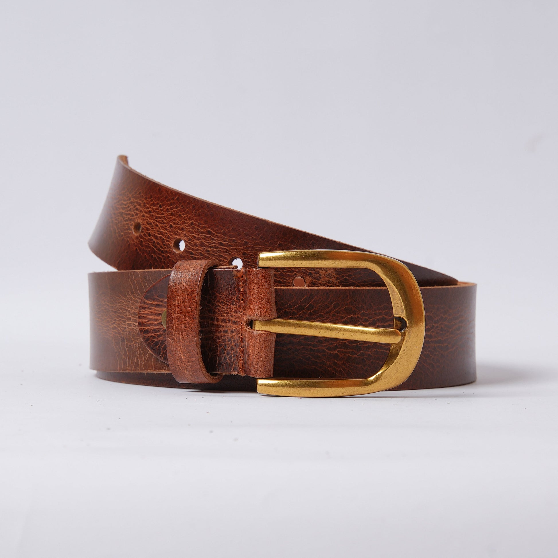 Handmade Rugged Brown Leather Belt with Golden Buckle – Khalil Ahmed