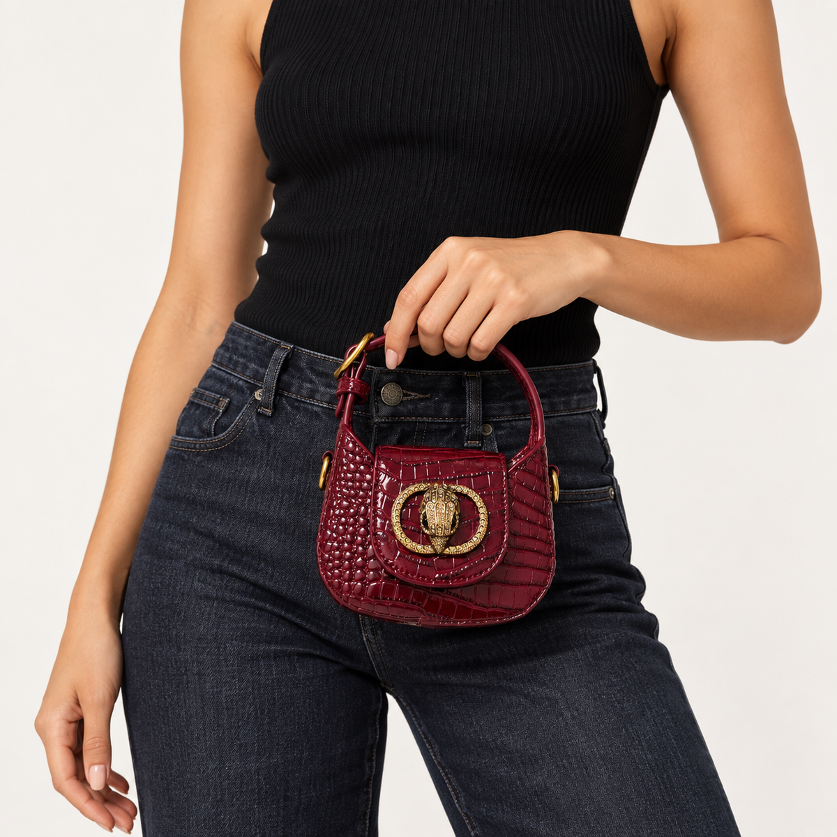 Mini Croc-Effect Top-Handle Bag – Burgundy