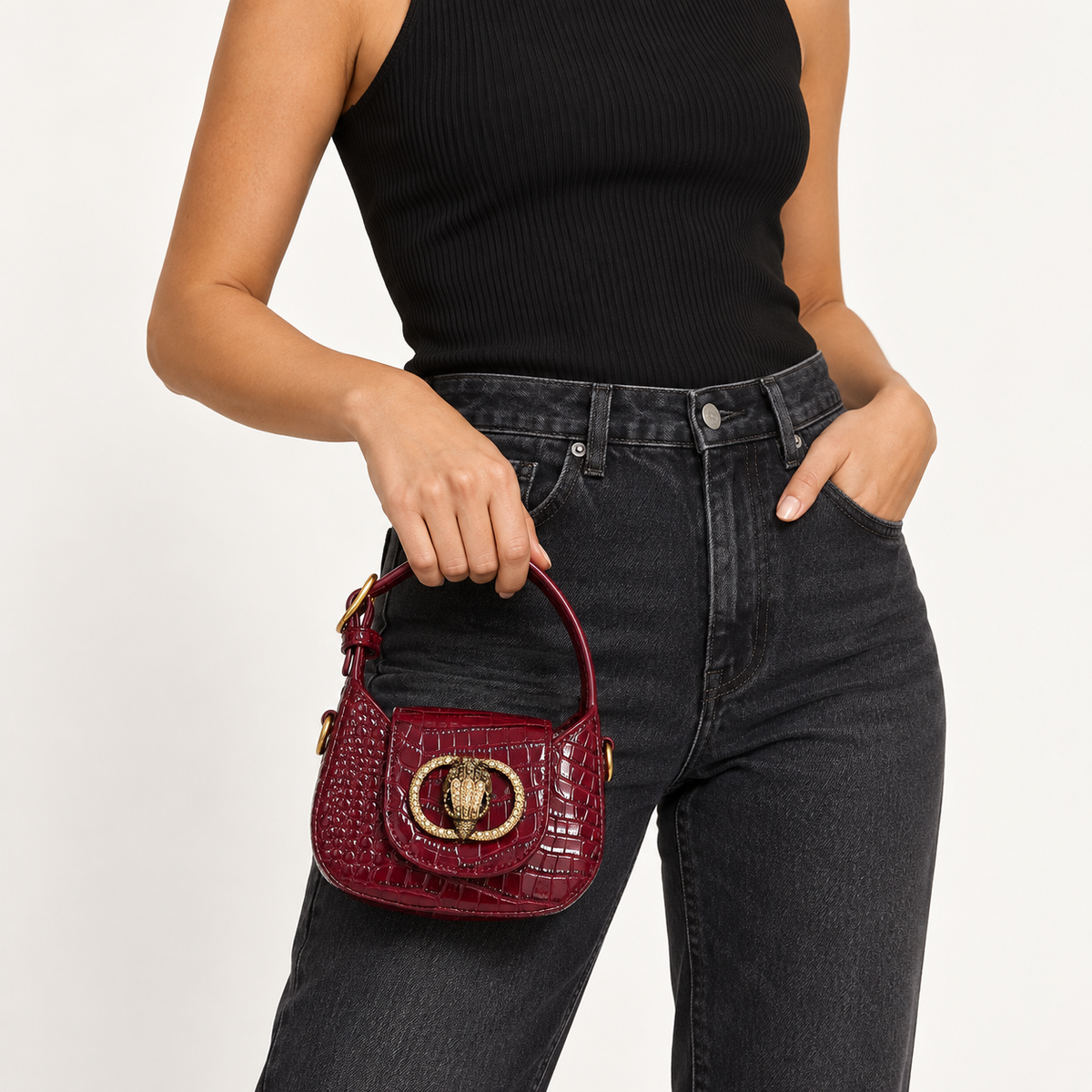 Mini Croc-Effect Top-Handle Bag – Burgundy