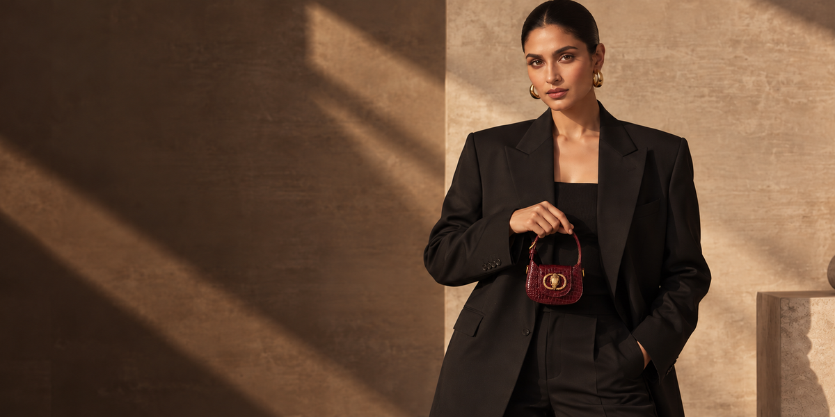 Burgundy mini handbag styled for the evening