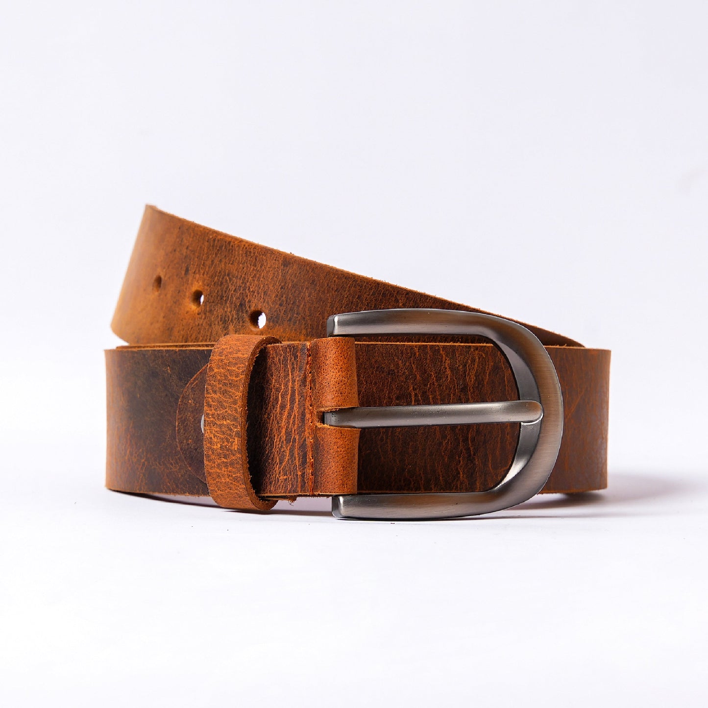 Handmade Vintage Brown Leather Belt with Silver Buckle