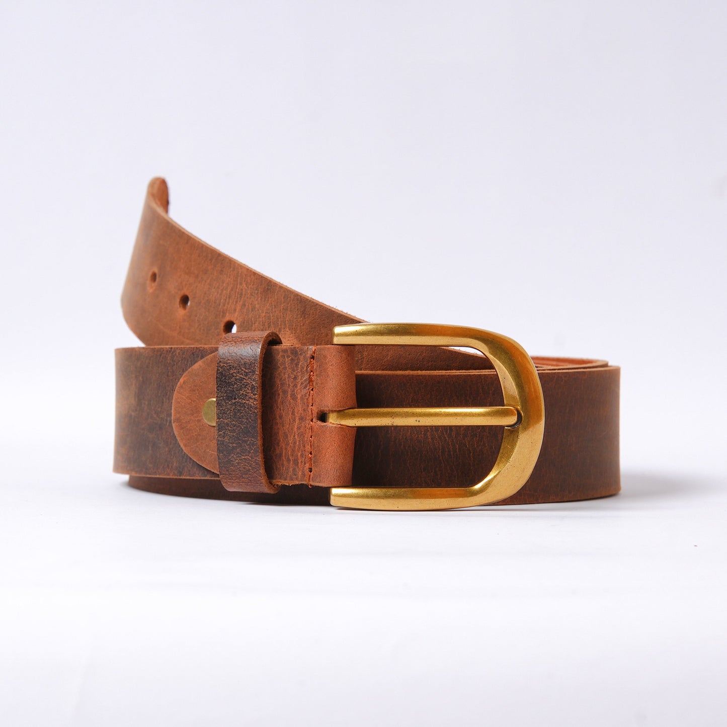 Handmade Vintage Brown Leather Belt with Golden Buckle