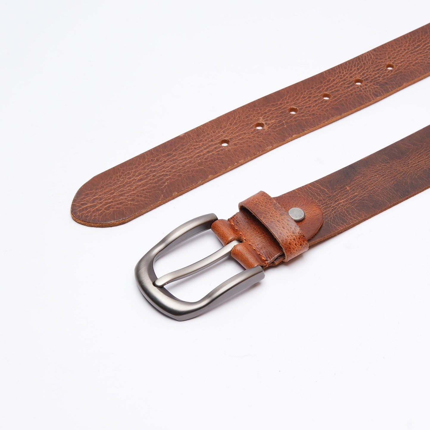 Handmade Rugged Brown Leather Belt with Silver Buckle