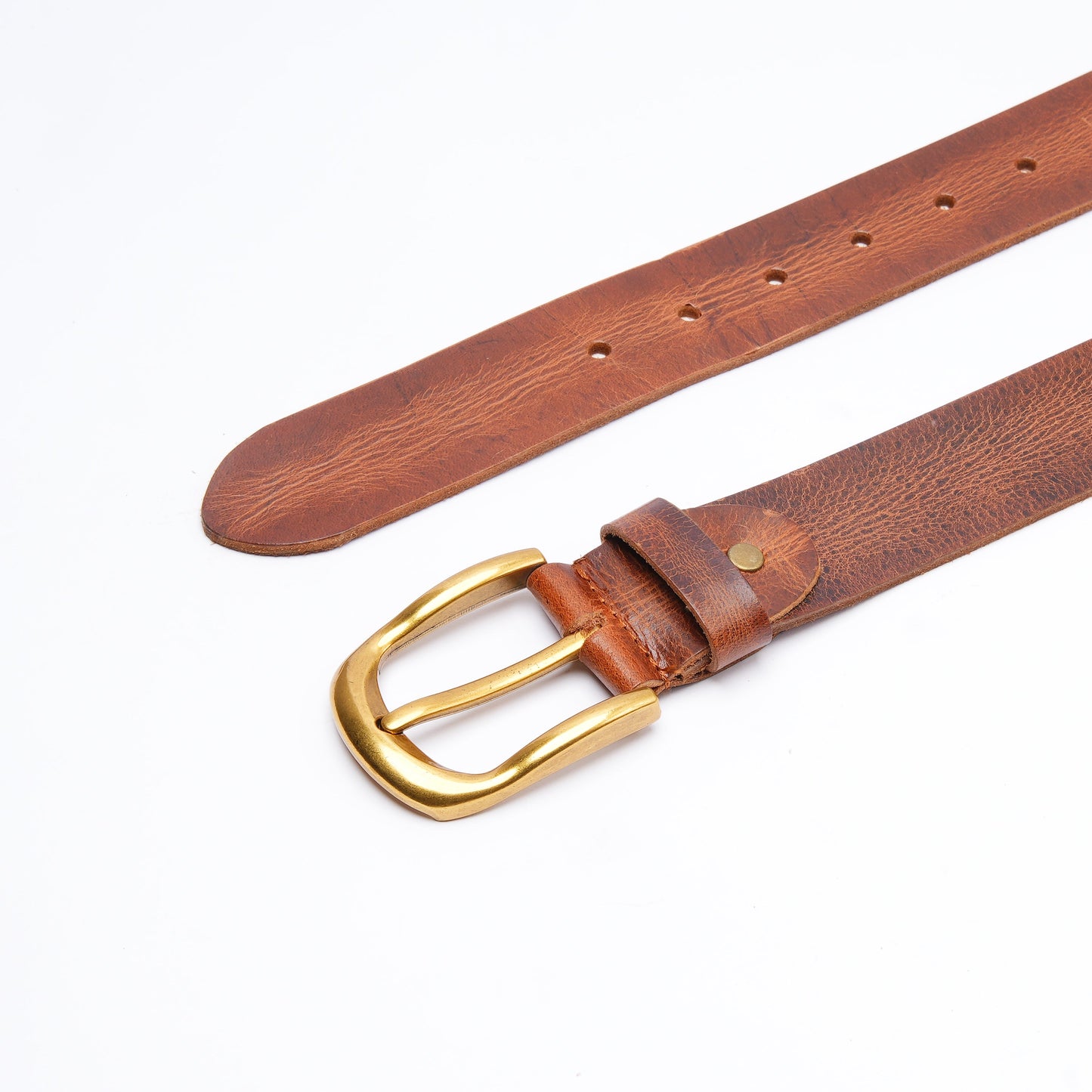 Handmade Rugged Brown Leather Belt with Golden Buckle