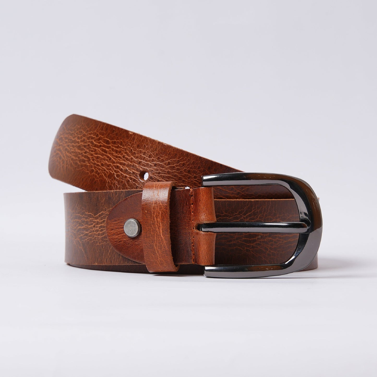 Handmade Rugged Brown Leather Belt with Gunmetal Buckle