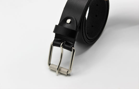 Black Leather Belt with Silver Roller Buckle