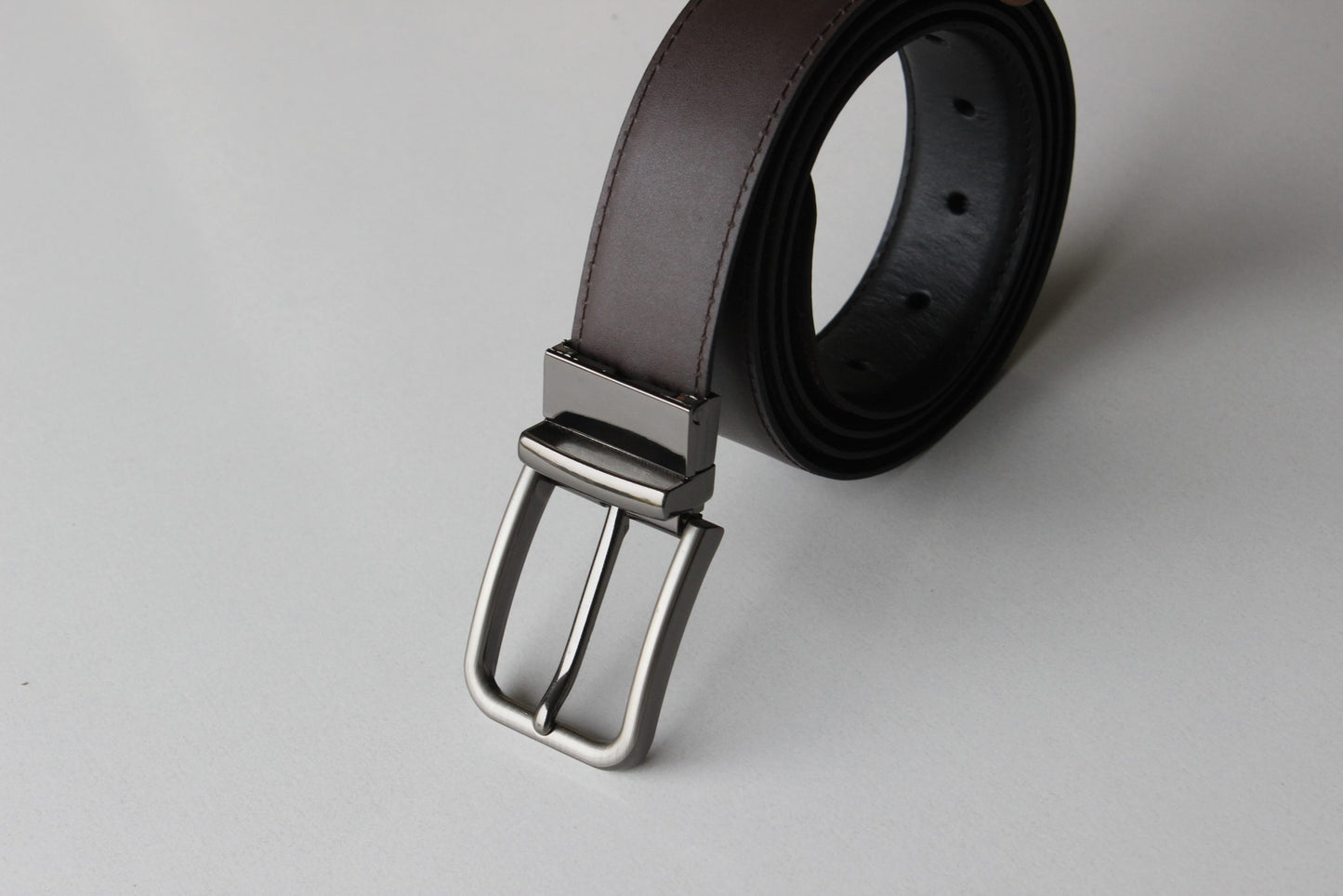 Formal Black/Brown Leather Belt-Premium Silver Reversible Buckle