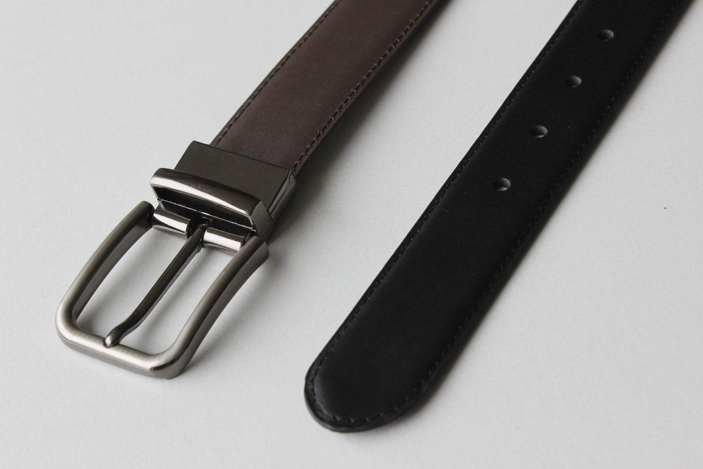 Formal Black/Brown Leather Belt-Premium Silver Reversible Buckle