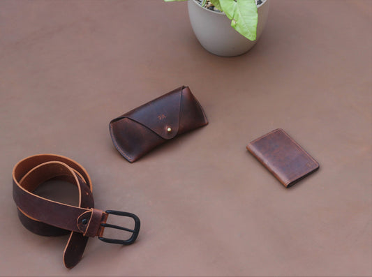 Belt, Bifold Wallet and Sunglasses Cover - Brown