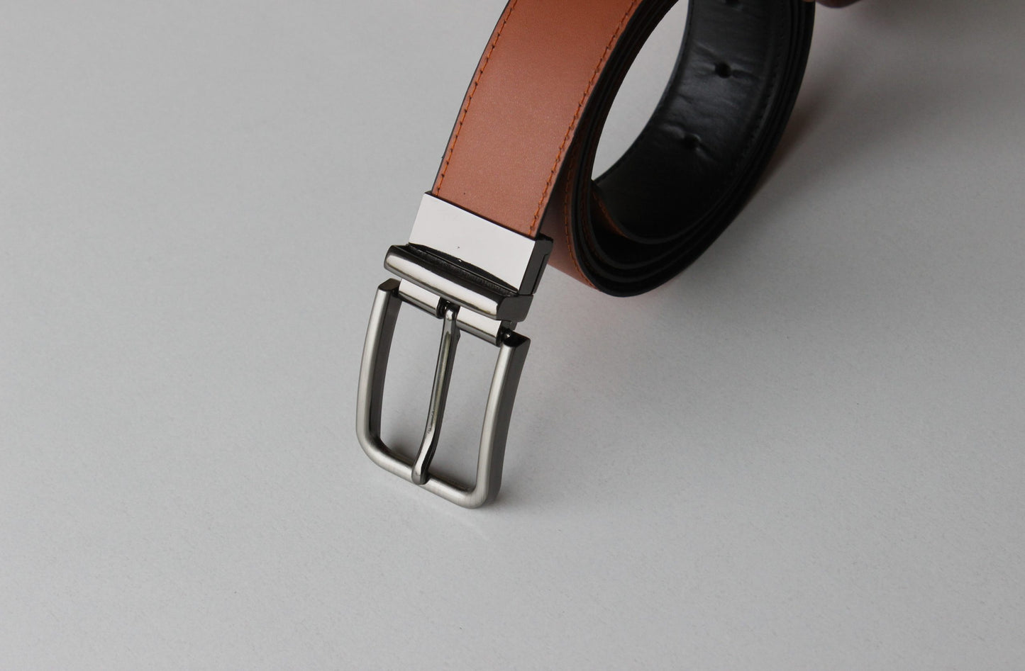 Formal Black/Tan Leather Belt-Premium Silver Reversible Buckle