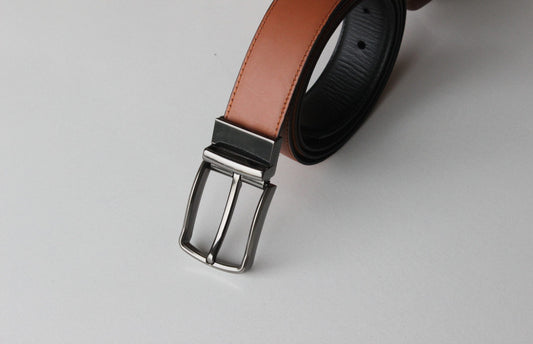 Formal Black/Tan Leather Belt-Gunmetal Reversible Buckle