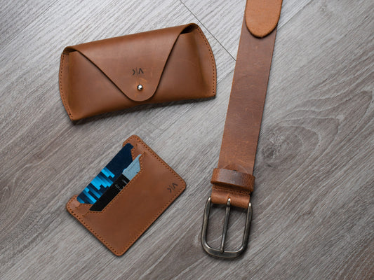 Belt, Card Holder, and Sunglasses Cover - Tan