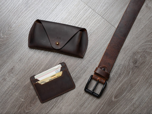 Belt, Card Holder, and Sunglasses Cover - Brown