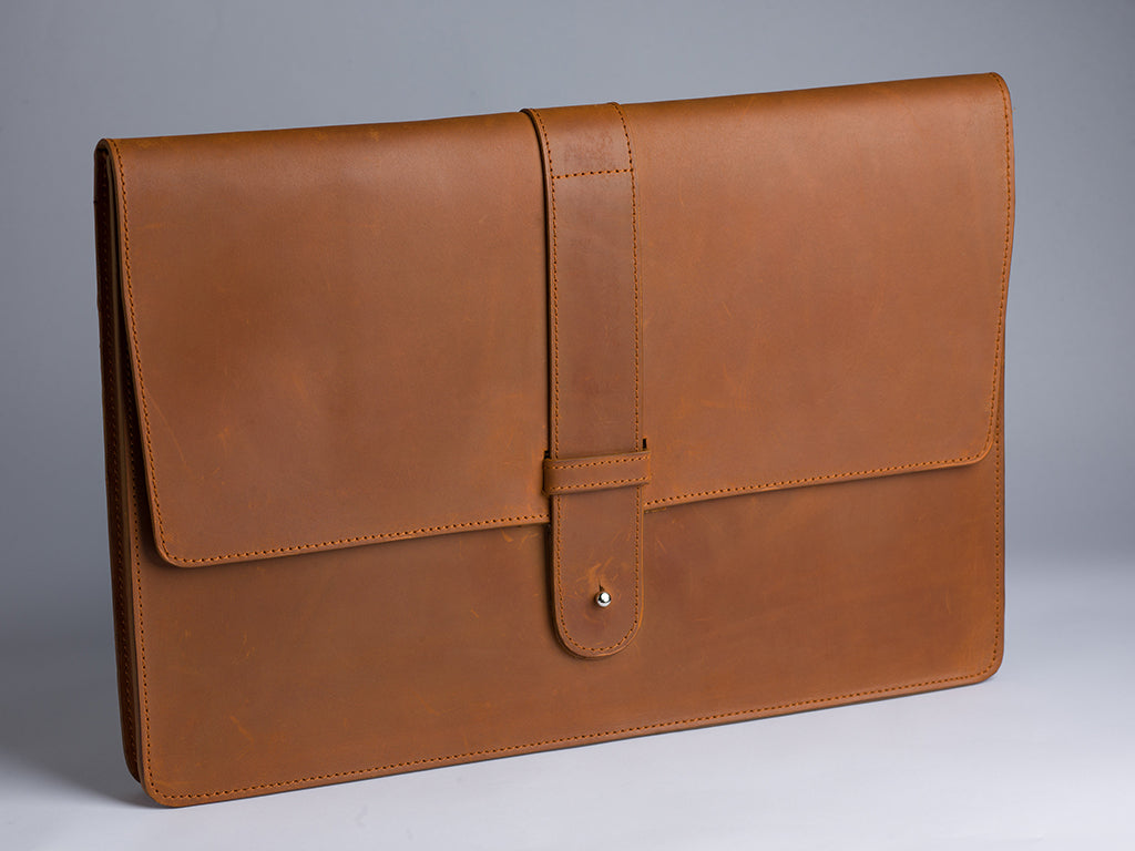 Leather Laptop Sleeve with Pin Closure-Tan-13 Inches