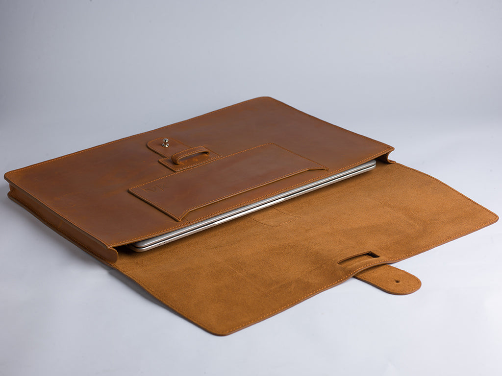 Leather Laptop Sleeve with Pin Closure-Tan-15 inches
